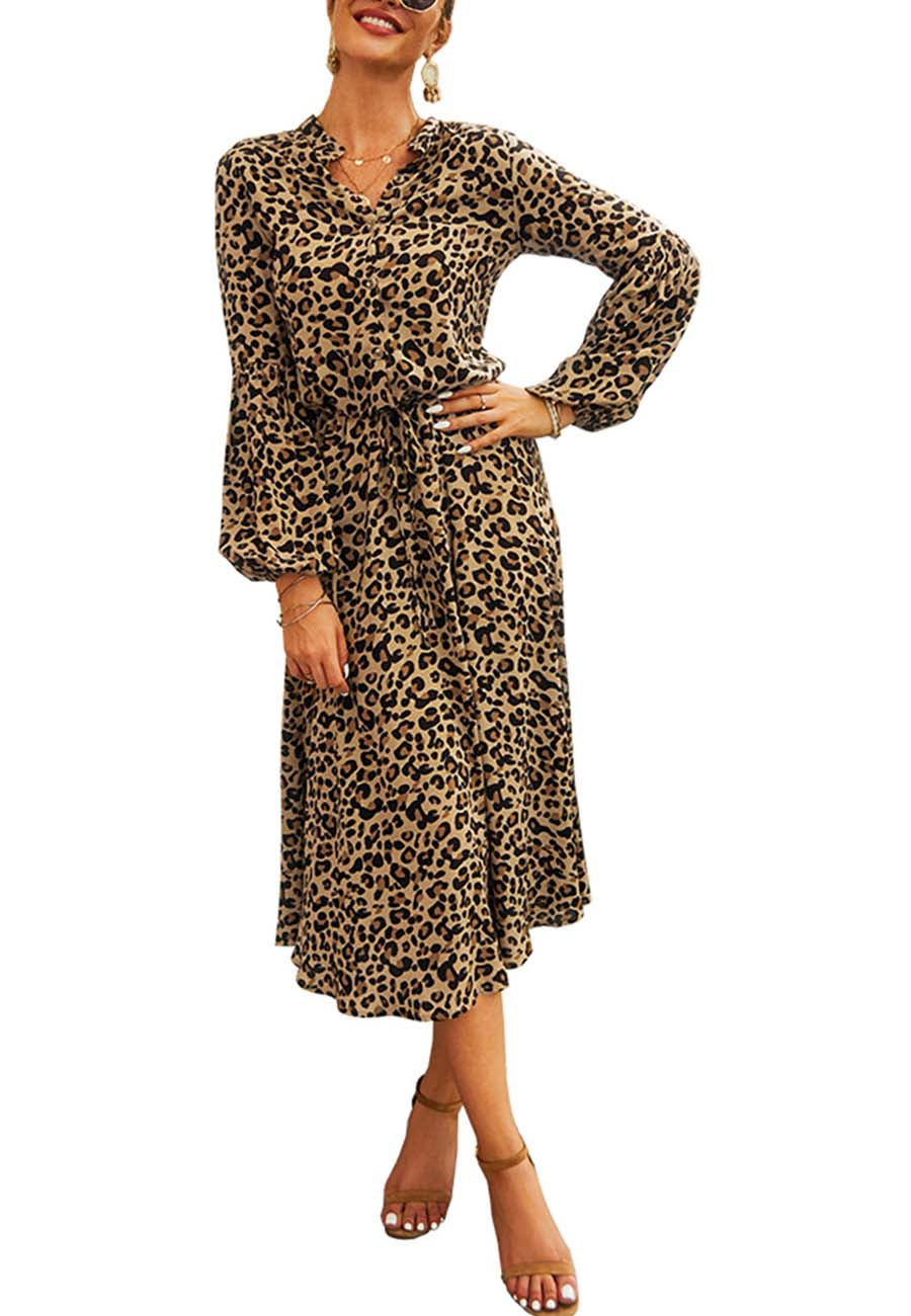 Vestido midi con cintura con lazo y mangas largas tipo farol con estampado de leopardo de Anna-Kaci para mujer