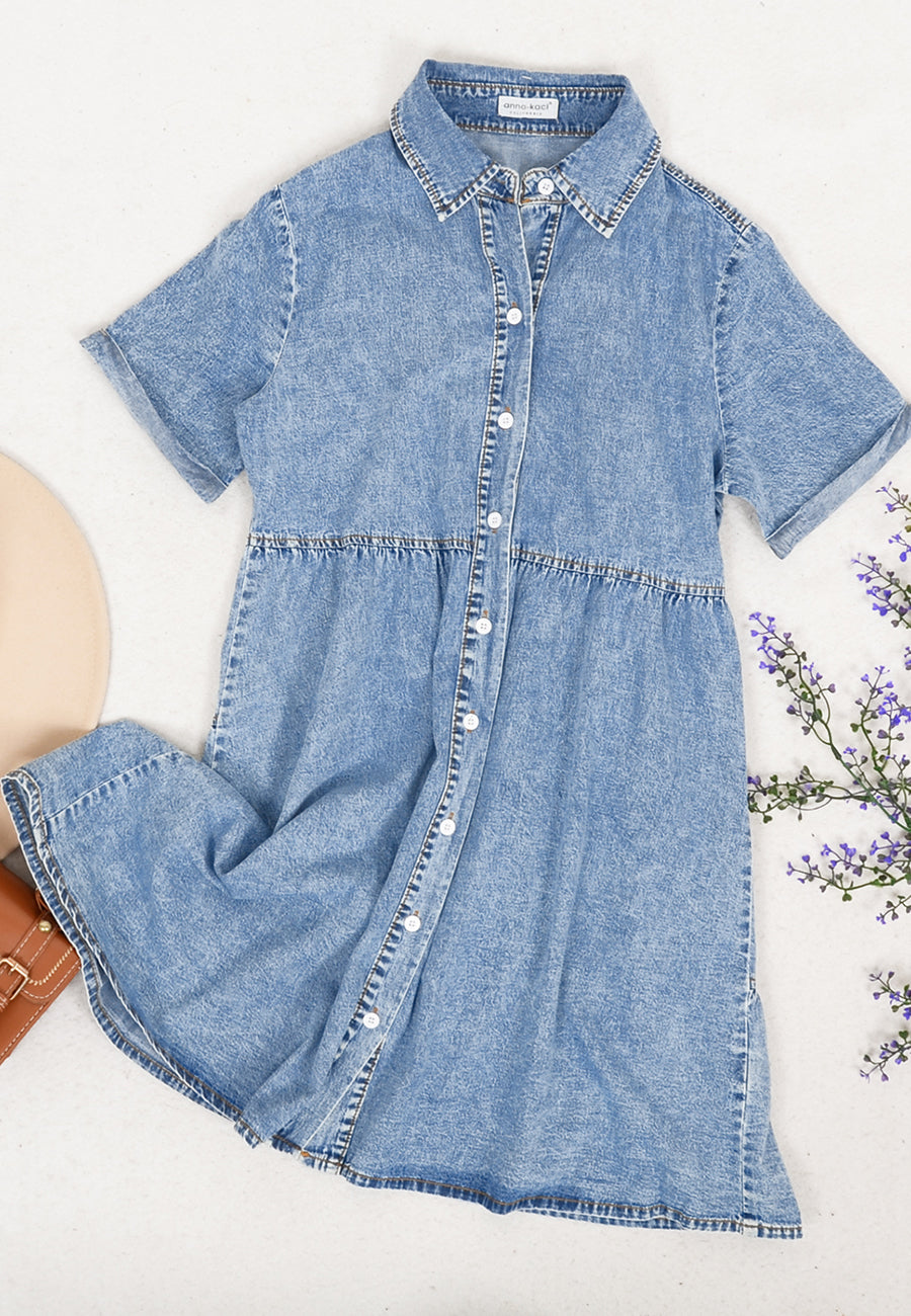 Vestido camisero de mezclilla con botones, cintura alta y manga corta informal para mujer de Anna-Kaci