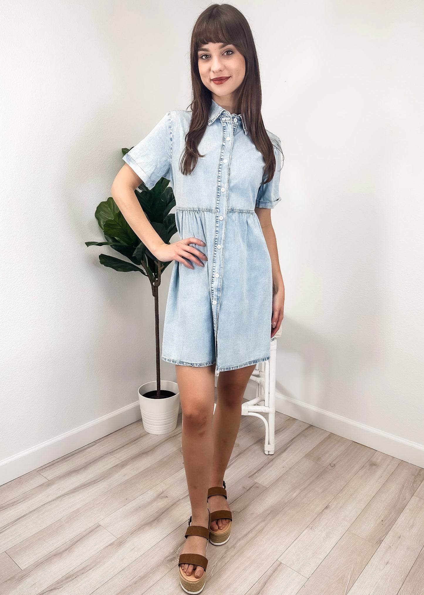 Vestido camisero de mezclilla con botones, cintura alta y manga corta informal para mujer de Anna-Kaci
