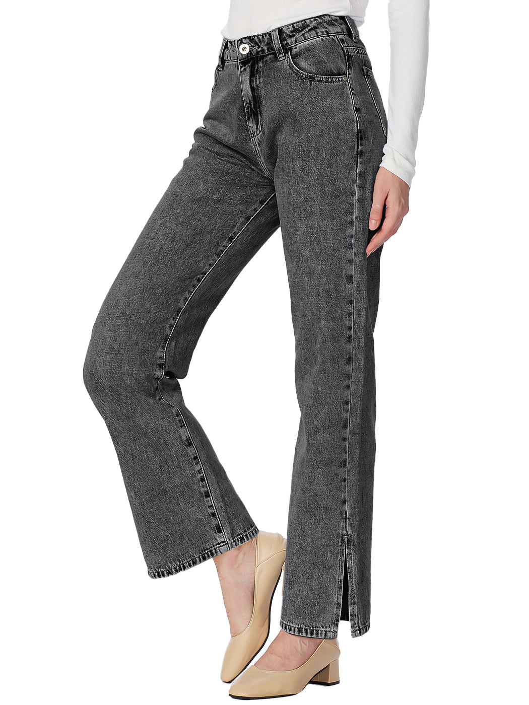 Women's High Rise Straight Leg Ankle Jeans Washed Side Slit Denim Pants