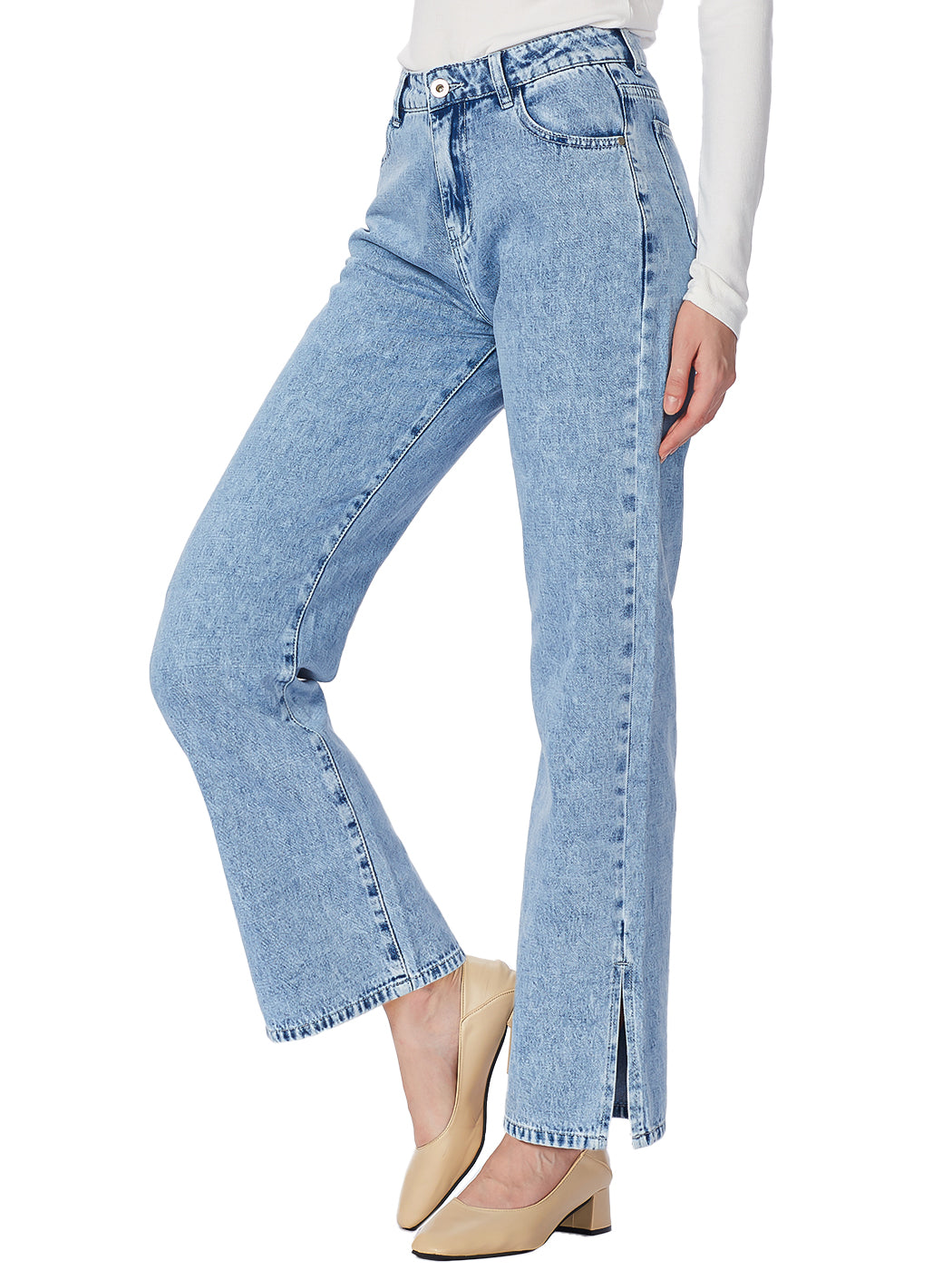 Women's High Rise Straight Leg Ankle Jeans Washed Side Slit Denim Pants