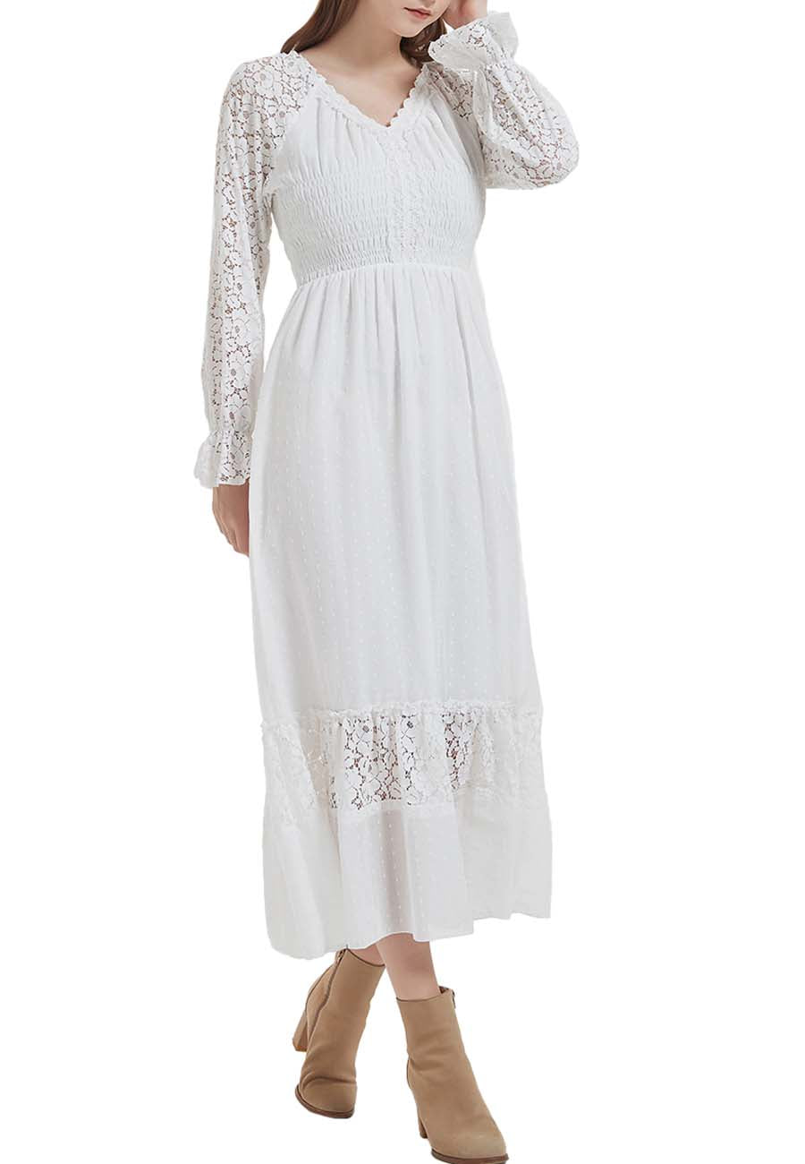 Vestido largo de otoño con escote en V y manga larga con encaje para mujer
