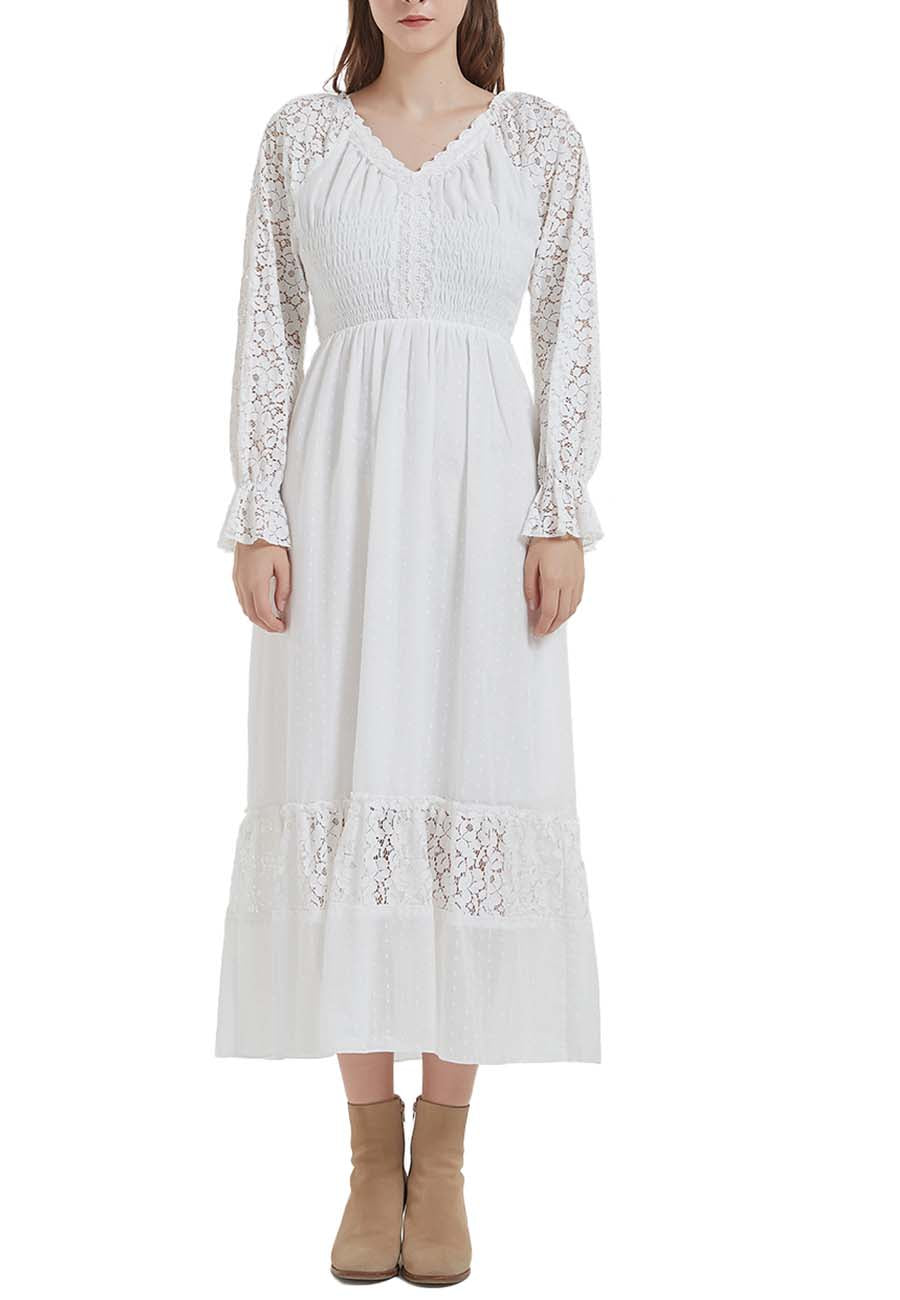 Vestido largo de otoño con escote en V y manga larga con encaje para mujer