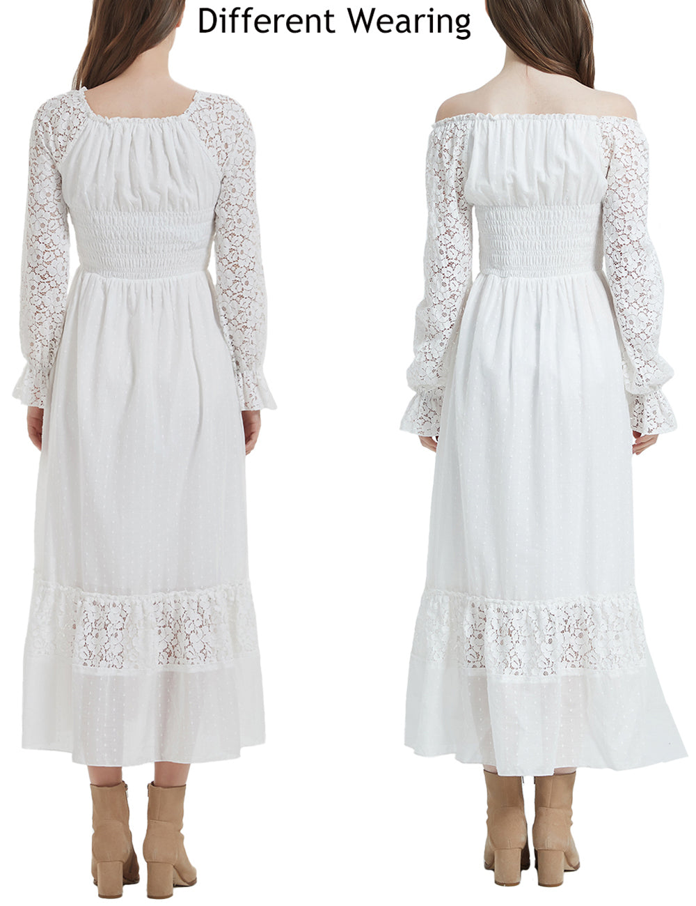Vestido largo de otoño con escote en V y manga larga con encaje para mujer
