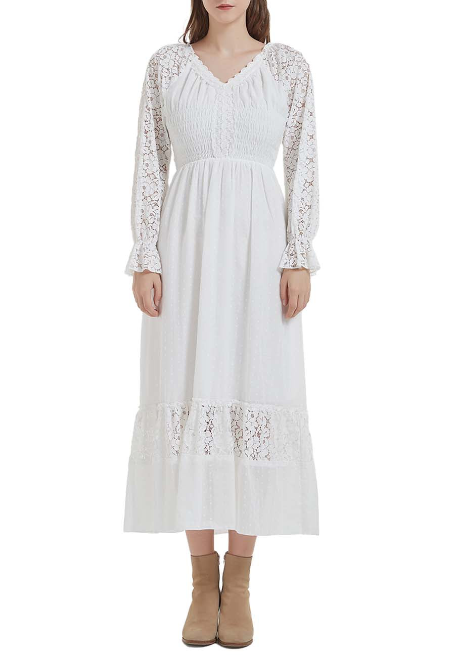 Vestido largo de otoño con escote en V y manga larga con encaje para mujer