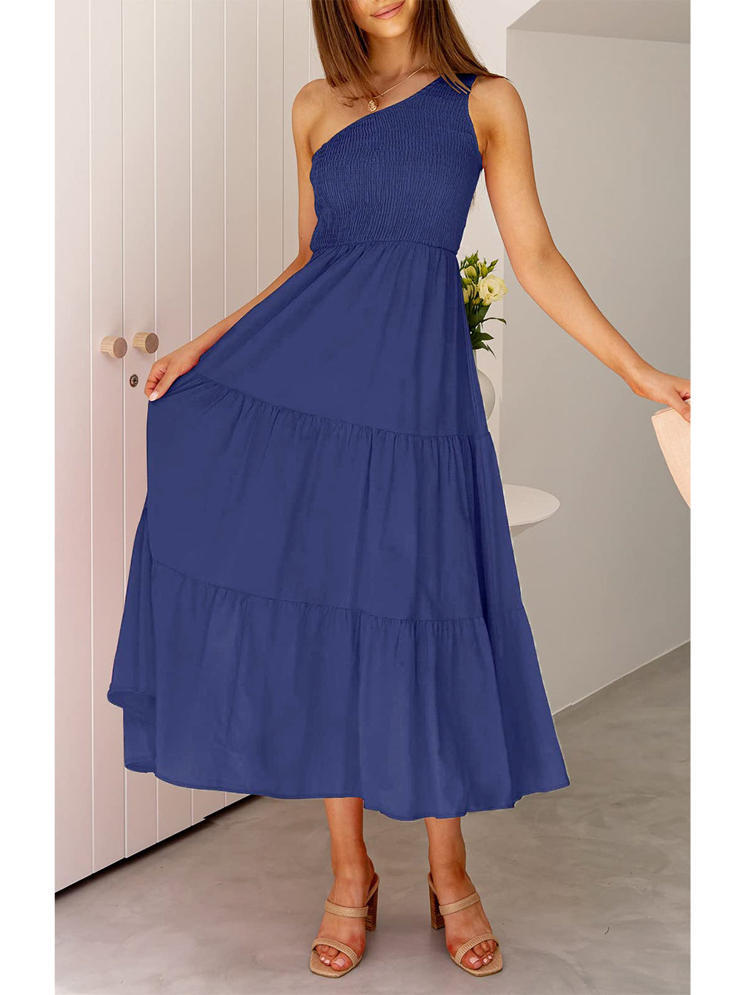 Vestido largo de verano para mujer de Anna-Kaci, estilo bohemio, con un hombro al descubierto, sin mangas, fruncido, holgado, con capas, para fiesta en la playa