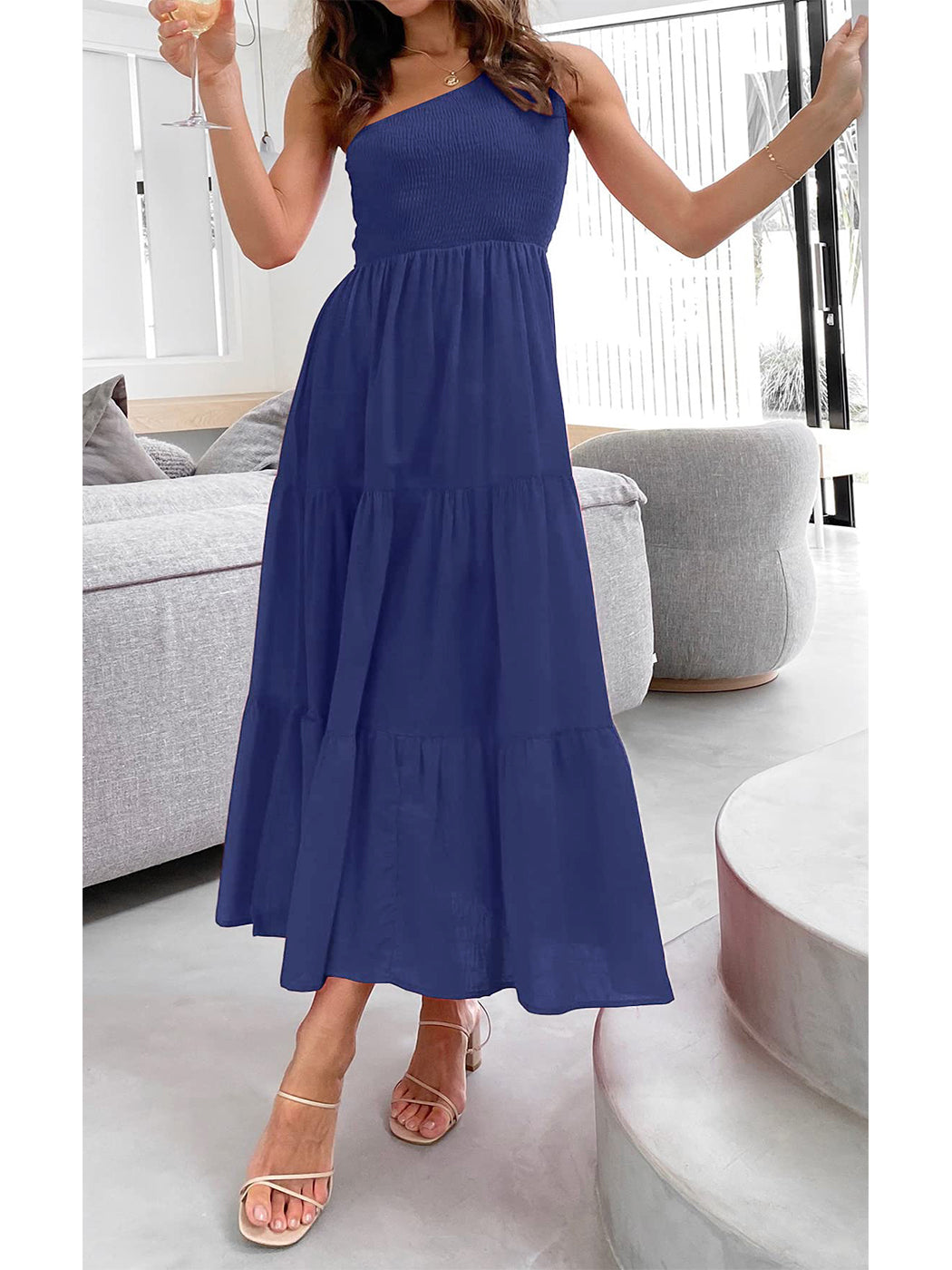 Vestido largo de verano para mujer de Anna-Kaci, estilo bohemio, con un hombro al descubierto, sin mangas, fruncido, holgado, con capas, para fiesta en la playa