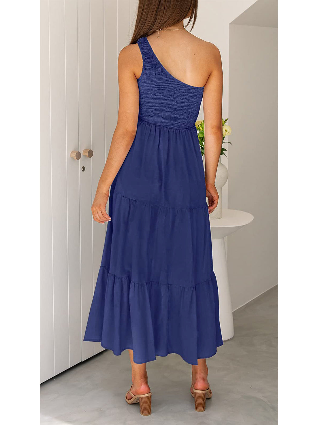 Vestido largo de verano para mujer de Anna-Kaci, estilo bohemio, con un hombro al descubierto, sin mangas, fruncido, holgado, con capas, para fiesta en la playa