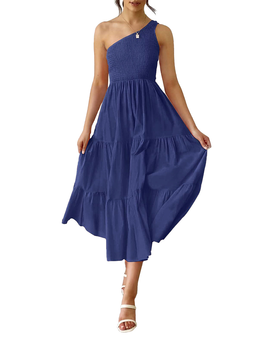 Vestido largo de verano para mujer de Anna-Kaci, estilo bohemio, con un hombro al descubierto, sin mangas, fruncido, holgado, con capas, para fiesta en la playa