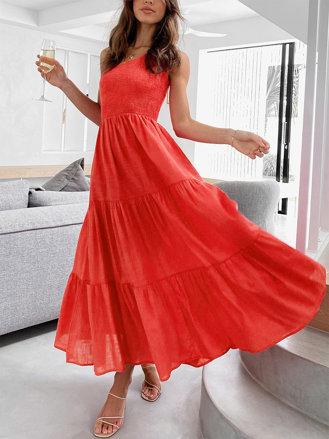 Vestido largo de verano para mujer de Anna-Kaci, estilo bohemio, con un hombro al descubierto, sin mangas, fruncido, holgado, con capas, para fiesta en la playa