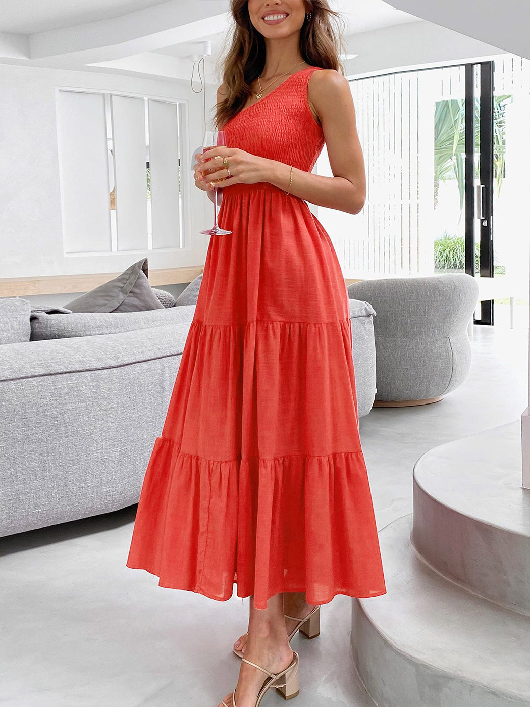 Vestido largo de verano para mujer de Anna-Kaci, estilo bohemio, con un hombro al descubierto, sin mangas, fruncido, holgado, con capas, para fiesta en la playa