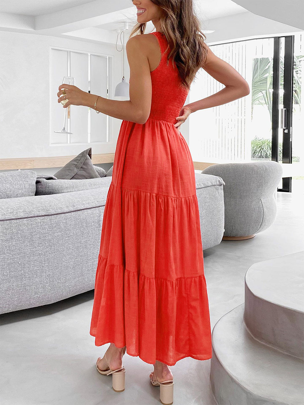 Vestido largo de verano para mujer de Anna-Kaci, estilo bohemio, con un hombro al descubierto, sin mangas, fruncido, holgado, con capas, para fiesta en la playa
