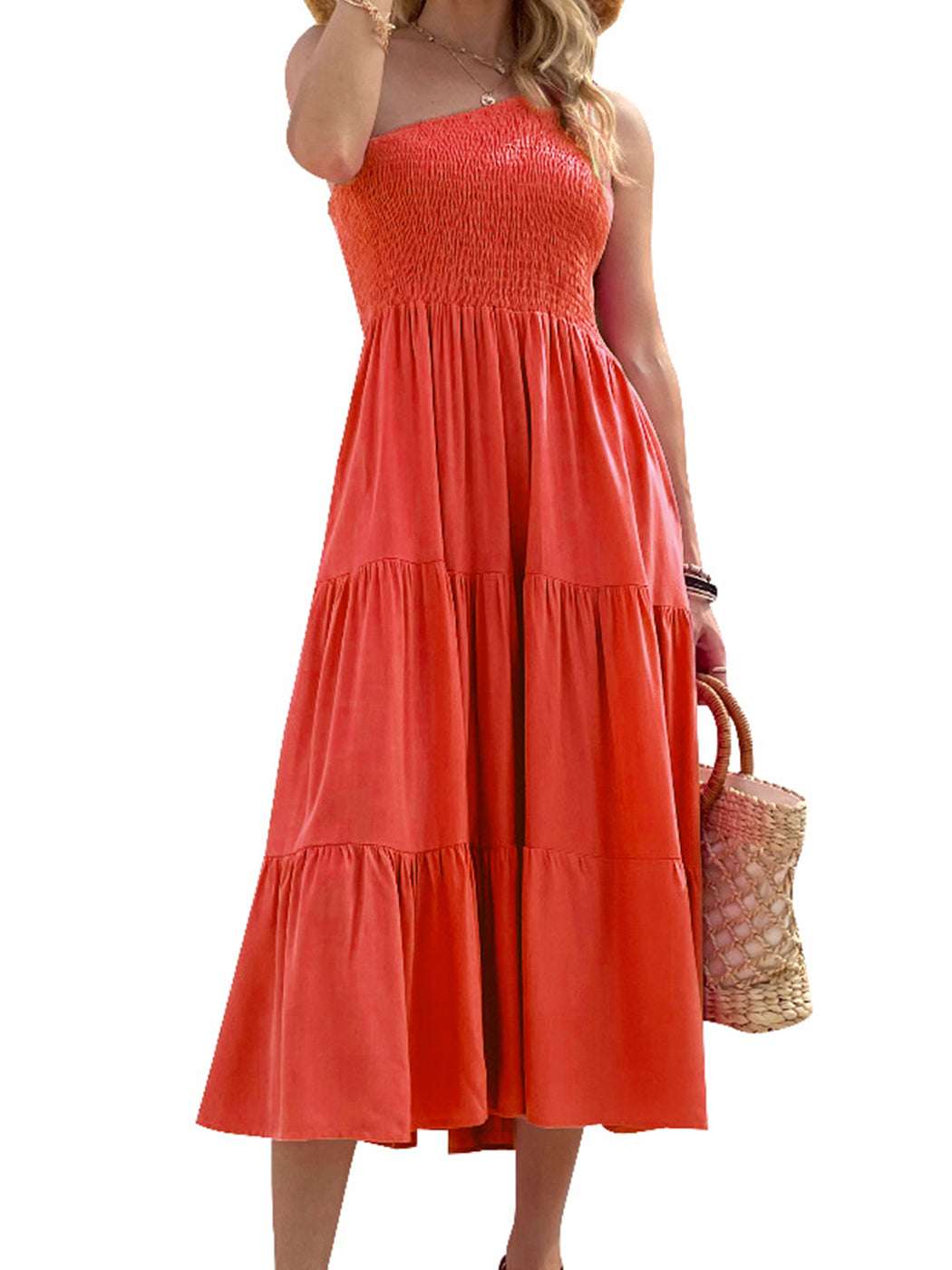 Vestido largo de verano para mujer de Anna-Kaci, estilo bohemio, con un hombro al descubierto, sin mangas, fruncido, holgado, con capas, para fiesta en la playa