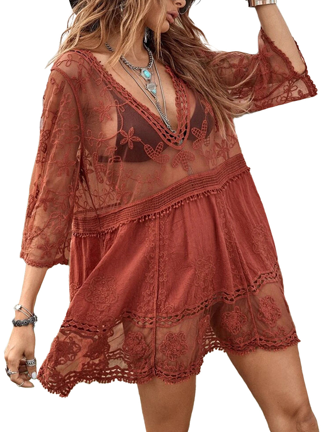 Contrast Embroidered Lace V Neck Bikini Cover Up Beach Mini Dress with Half Sleeve