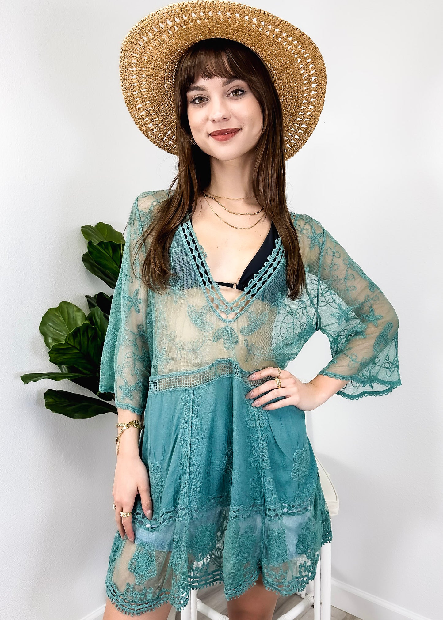 Contrast Embroidered Lace V Neck Bikini Cover Up Beach Mini Dress with Half Sleeve