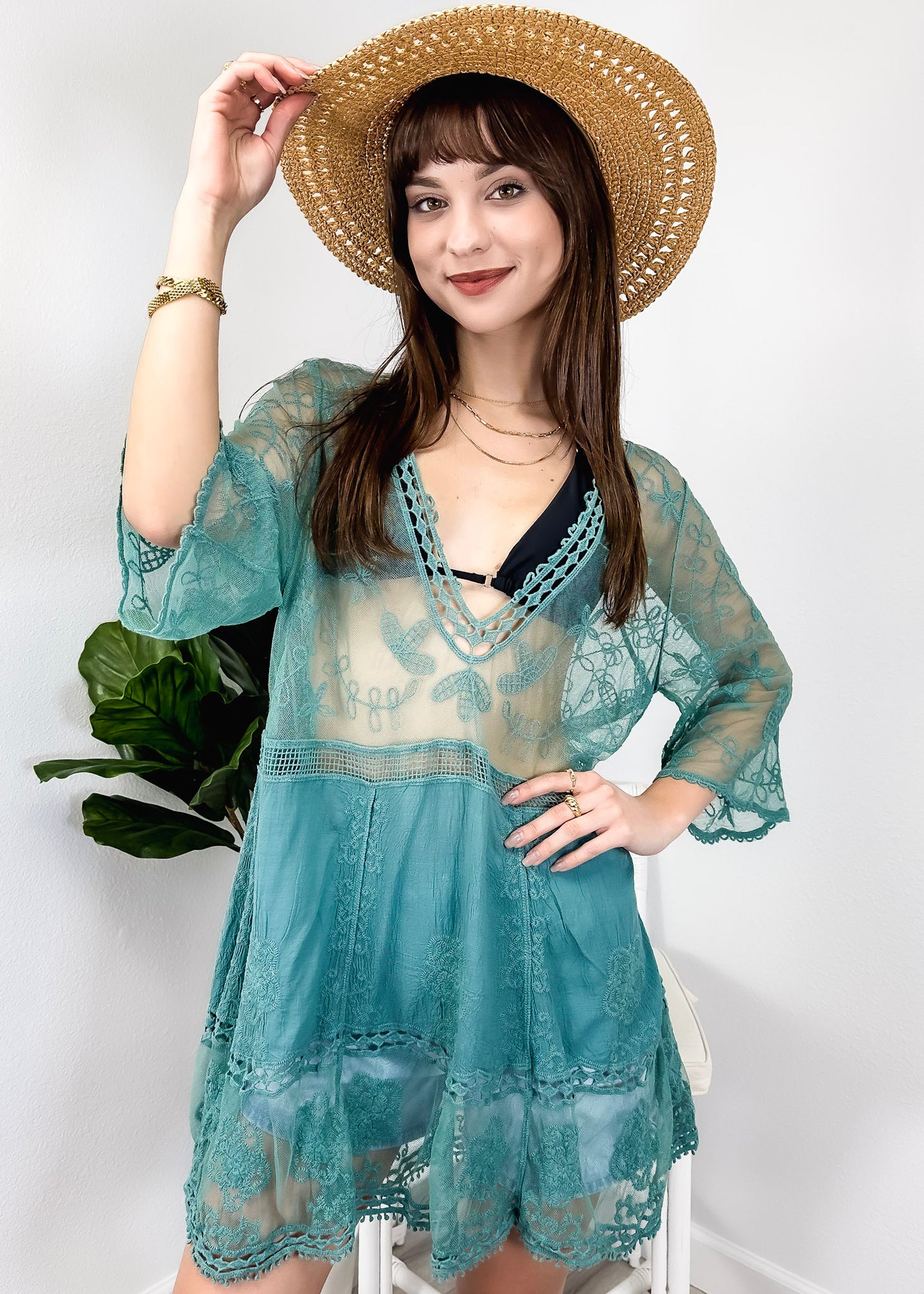 Contrast Embroidered Lace V Neck Bikini Cover Up Beach Mini Dress with Half Sleeve