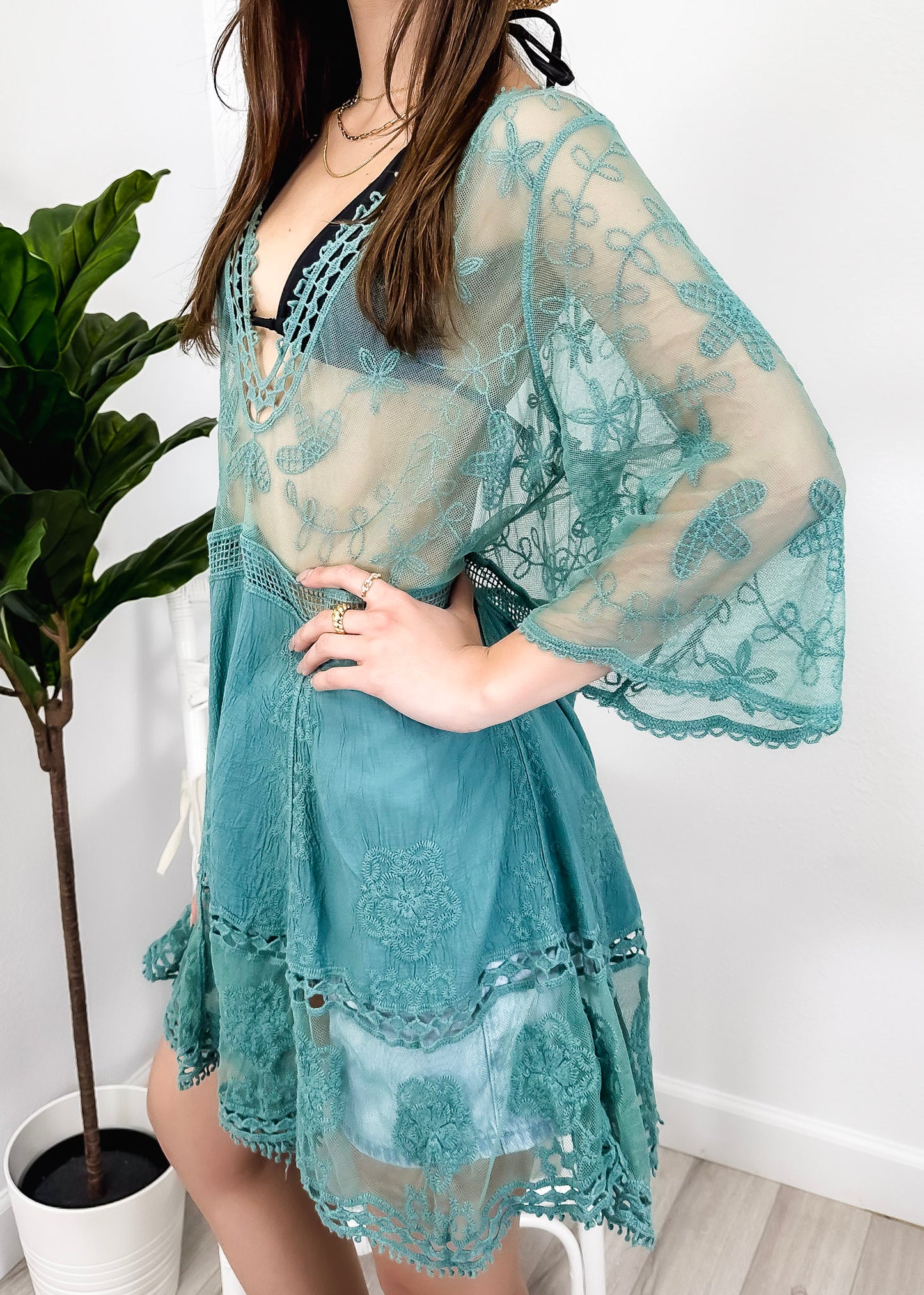 Contrast Embroidered Lace V Neck Bikini Cover Up Beach Mini Dress with Half Sleeve