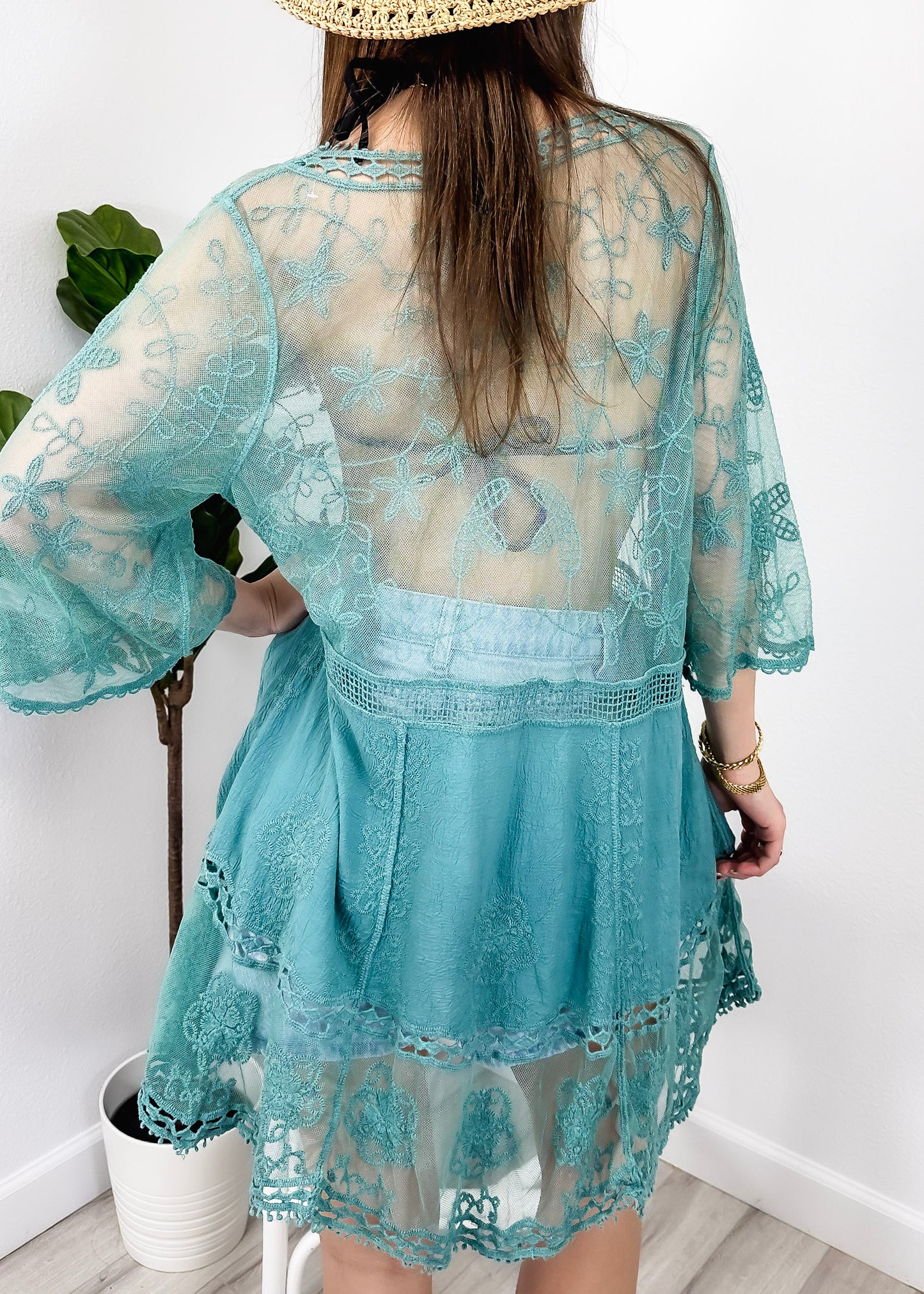 Contrast Embroidered Lace V Neck Bikini Cover Up Beach Mini Dress with Half Sleeve