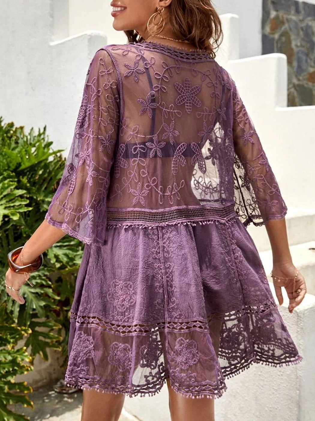 Contrast Embroidered Lace V Neck Bikini Cover Up Beach Mini Dress with Half Sleeve