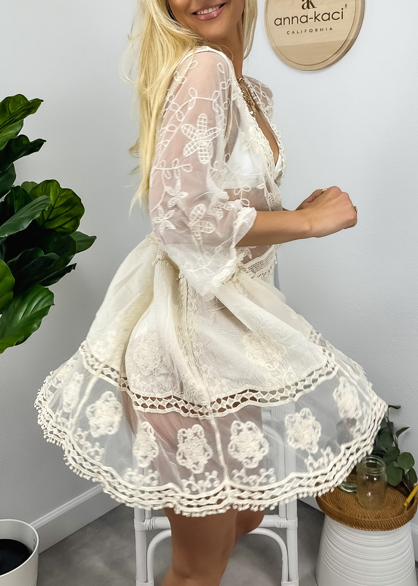 Contrast Embroidered Lace V Neck Bikini Cover Up Beach Mini Dress with Half Sleeve