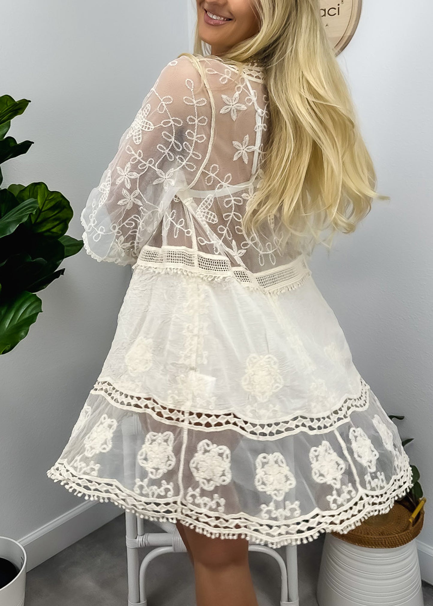 Contrast Embroidered Lace V Neck Bikini Cover Up Beach Mini Dress with Half Sleeve