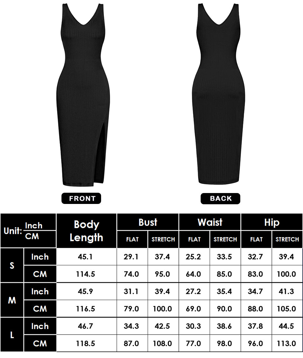 Anna-Kaci Summer Sleeveless Round Neck Ribbed Side Slit Sexy Bodycon Midi Dresses