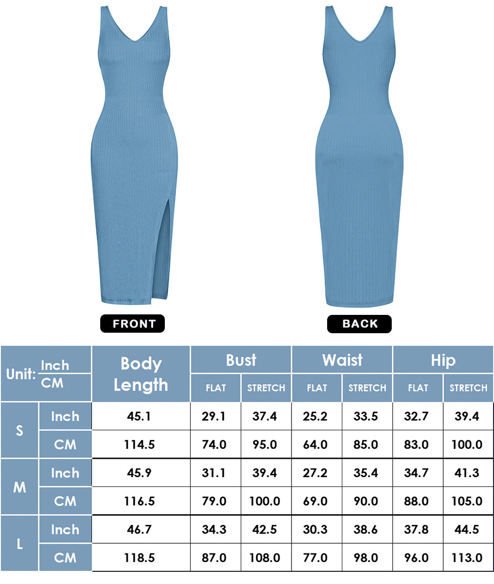 Anna-Kaci Summer Sleeveless Round Neck Ribbed Side Slit Sexy Bodycon Midi Dresses