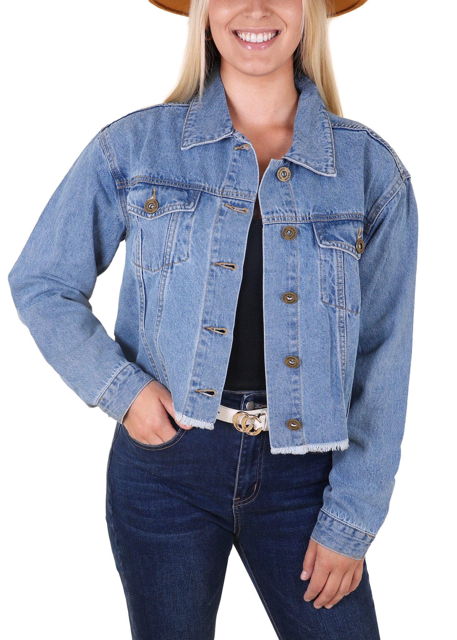 Button Up Pocketed Raw Hem Denim Jacket
