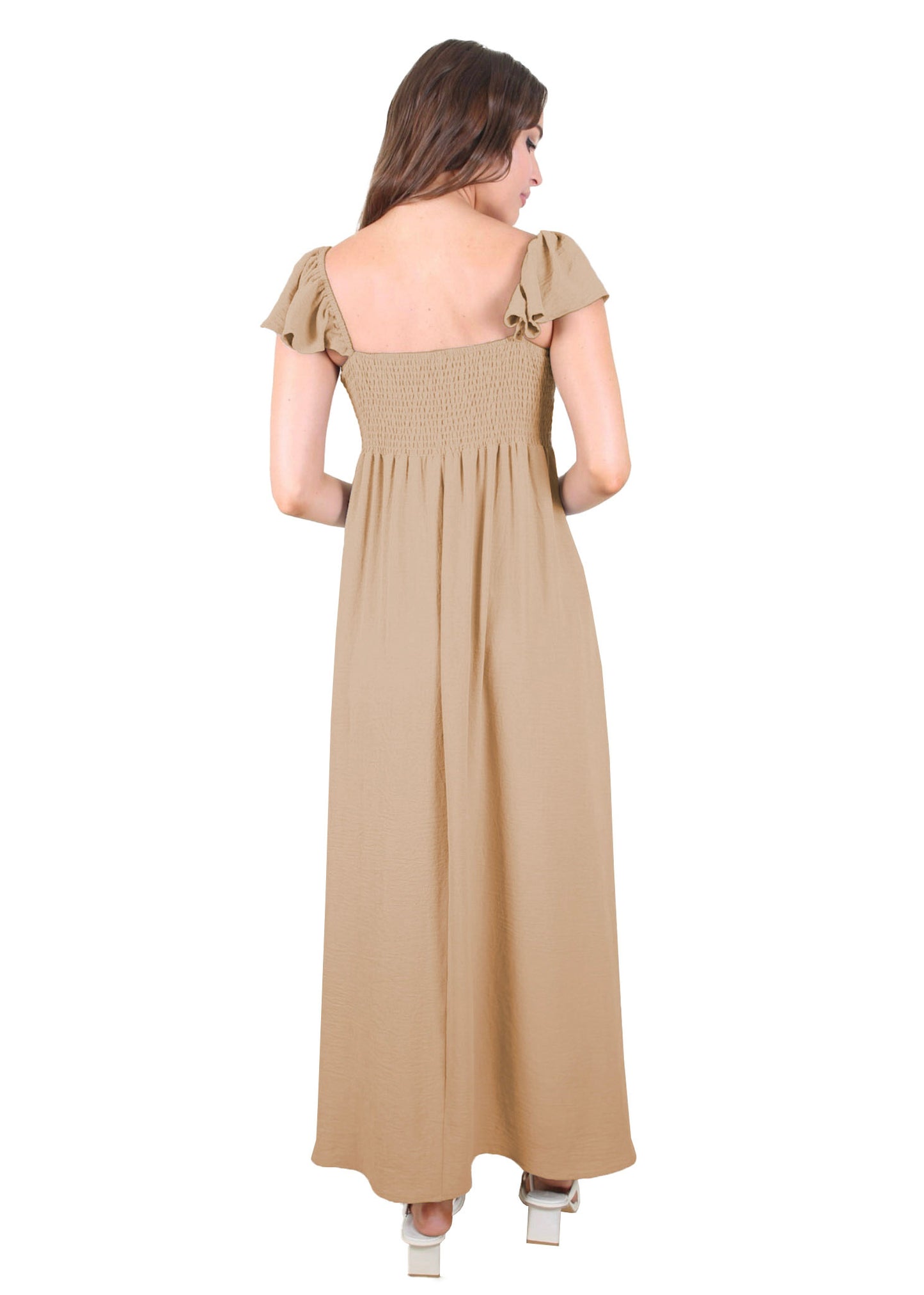 Vestido largo con escote fruncido, mangas cortas y aberturas delanteras para mujer de Anna-Kaci