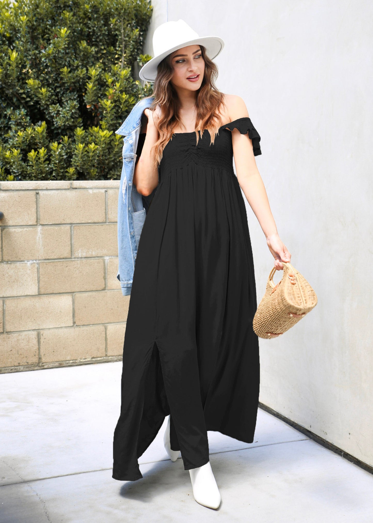 Vestido largo con escote fruncido, mangas cortas y aberturas delanteras para mujer de Anna-Kaci