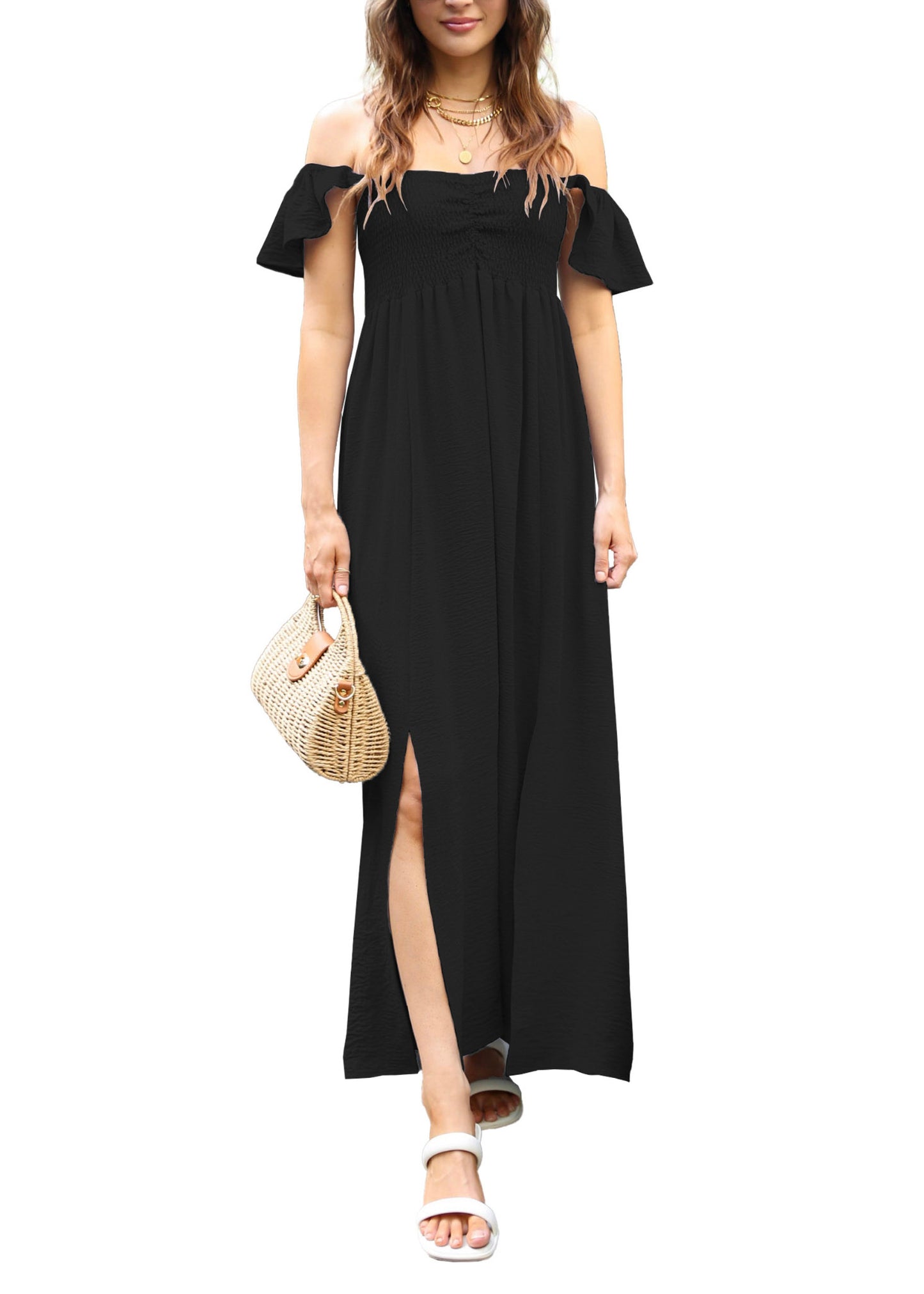Vestido largo con escote fruncido, mangas cortas y aberturas delanteras para mujer de Anna-Kaci