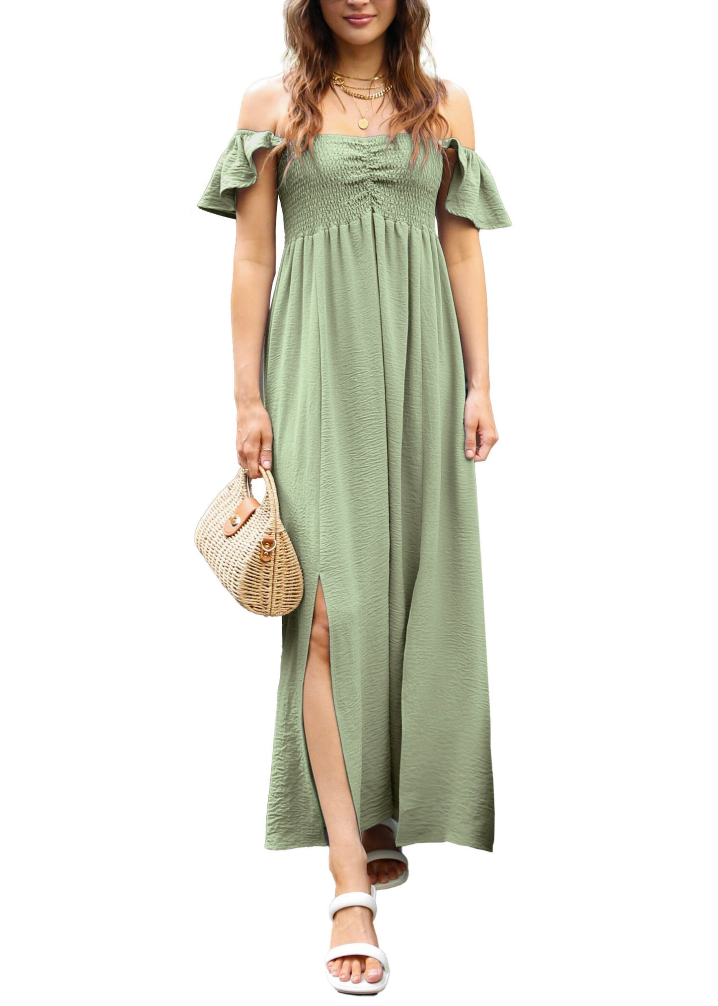 Vestido largo con escote fruncido, mangas cortas y aberturas delanteras para mujer de Anna-Kaci