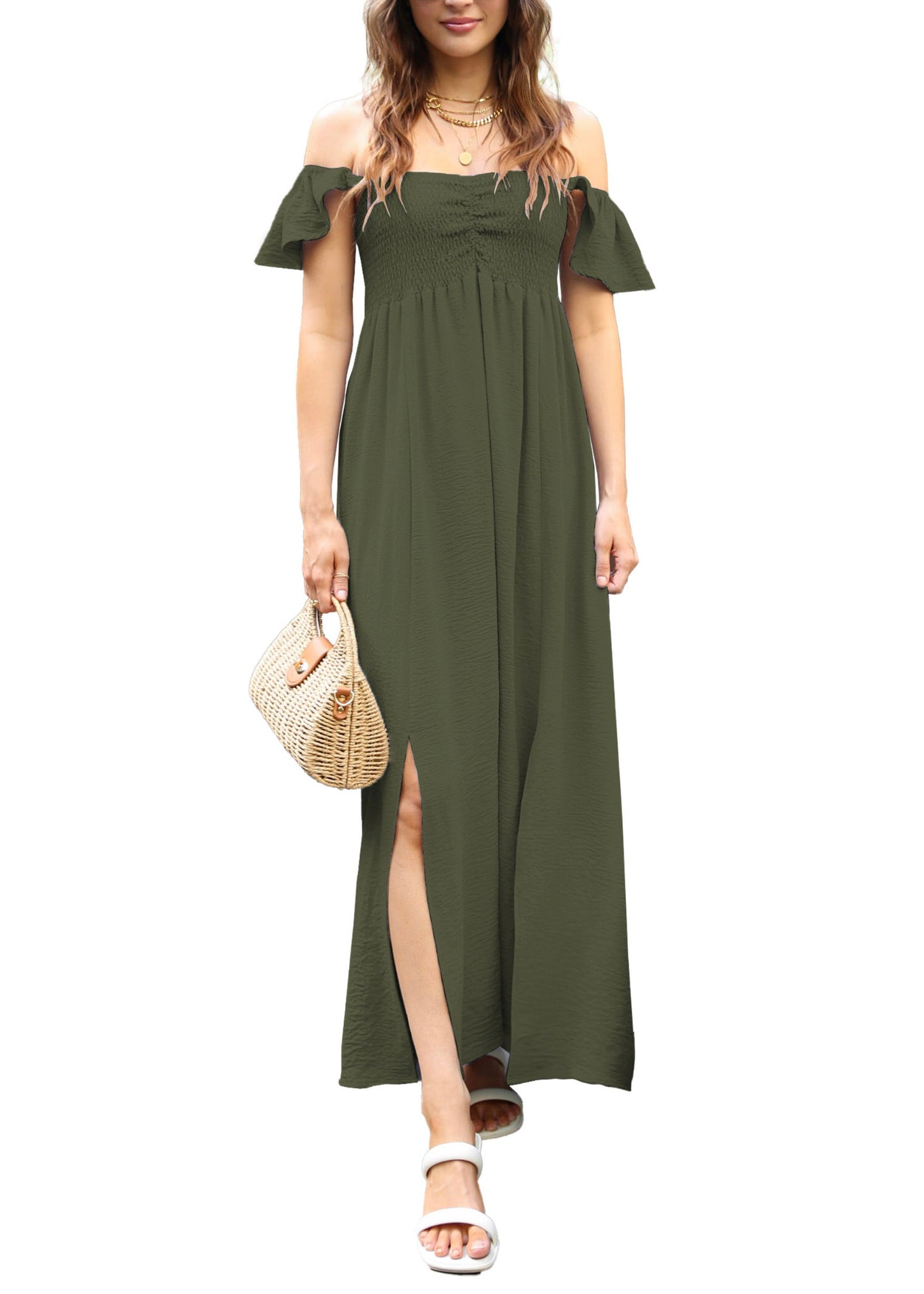 Vestido largo con escote fruncido, mangas cortas y aberturas delanteras para mujer de Anna-Kaci