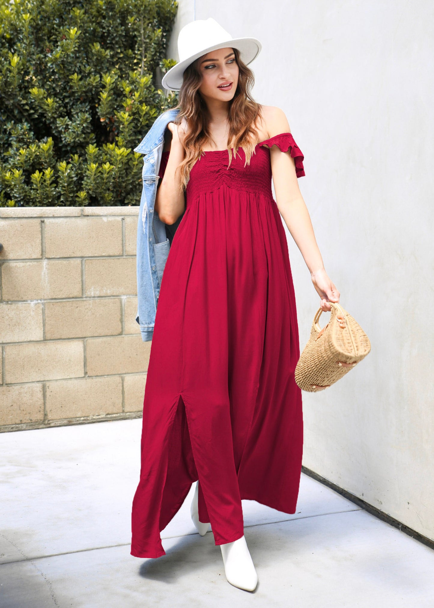 Vestido largo con escote fruncido, mangas cortas y aberturas delanteras para mujer de Anna-Kaci