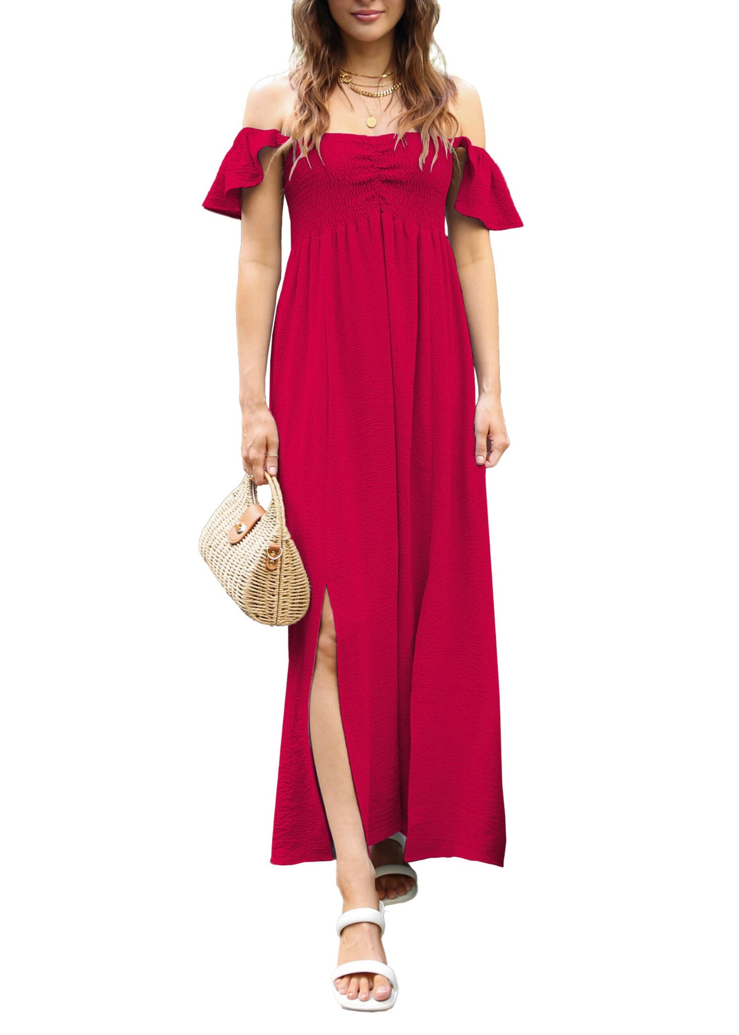 Vestido largo con escote fruncido, mangas cortas y aberturas delanteras para mujer de Anna-Kaci