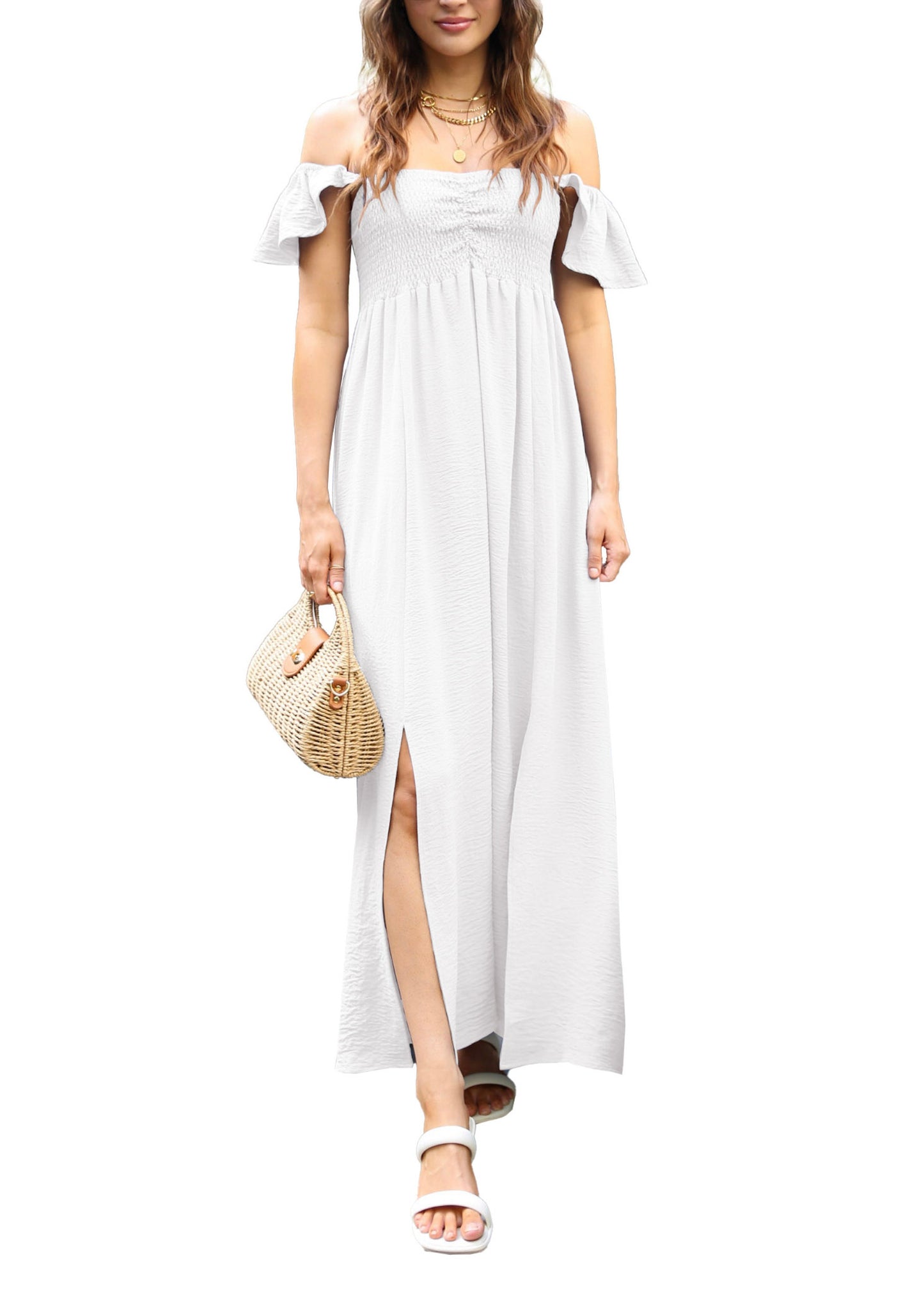 Vestido largo con escote fruncido, mangas cortas y aberturas delanteras para mujer de Anna-Kaci