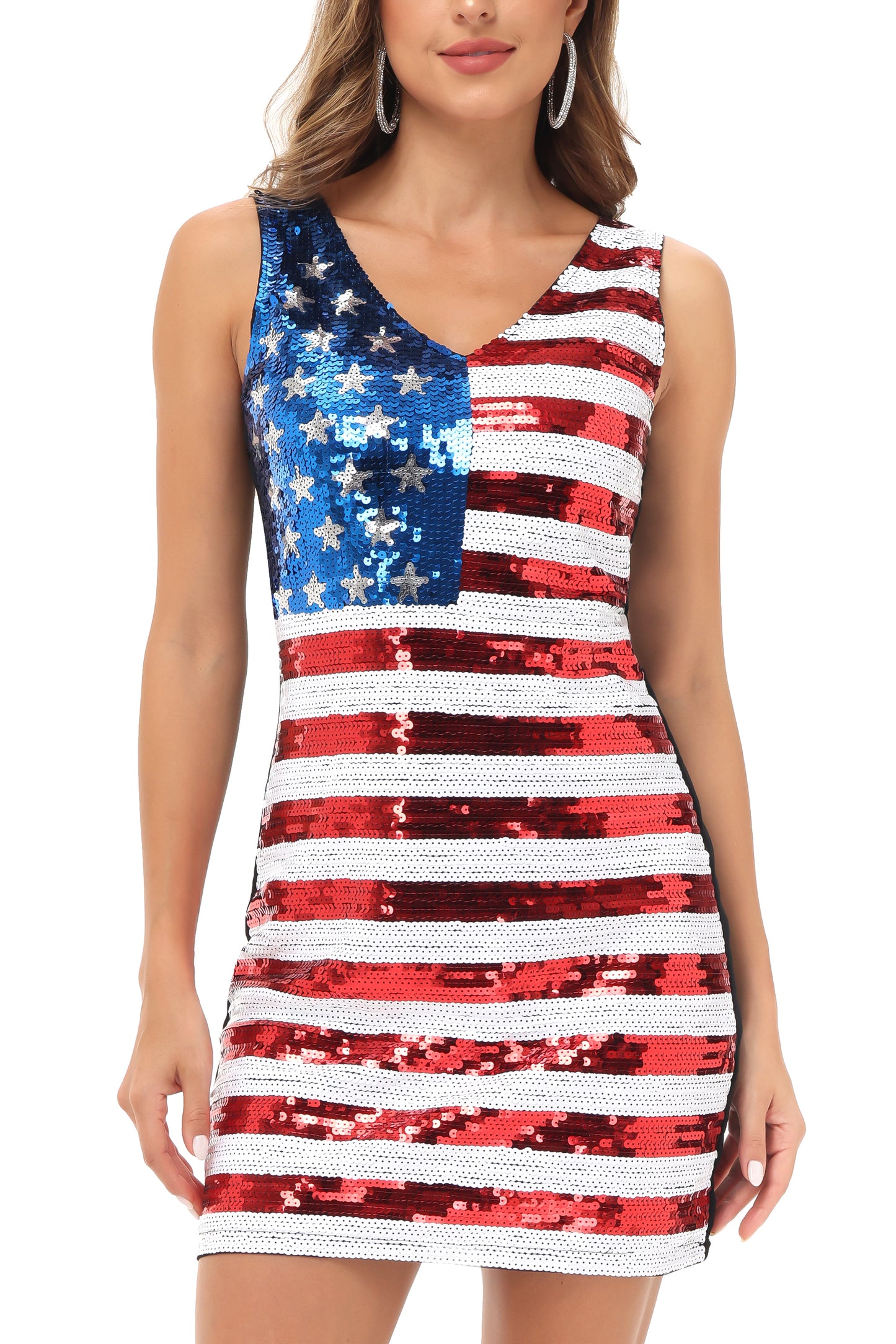 Vestido corto con cuello en V y lentejuelas con la bandera estadounidense para mujer de Anna-Kaci, sin mangas, con rayas patrióticas de EE. UU. y purpurina