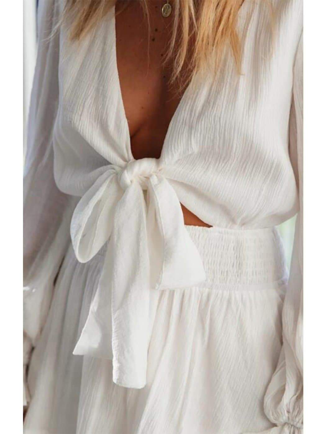 Anna-Kaci Long Bell Sleeve Tie Front Ruffle Dress | Anna-Kaci