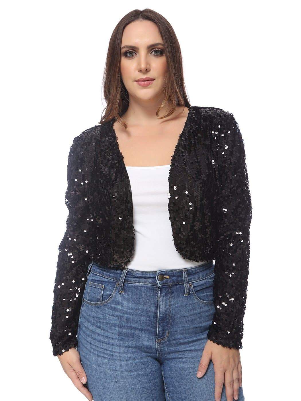 Anna-Kaci Plus Size Long Sleeve Sequin Bolero for Women By Anna-Kaci Large / Black