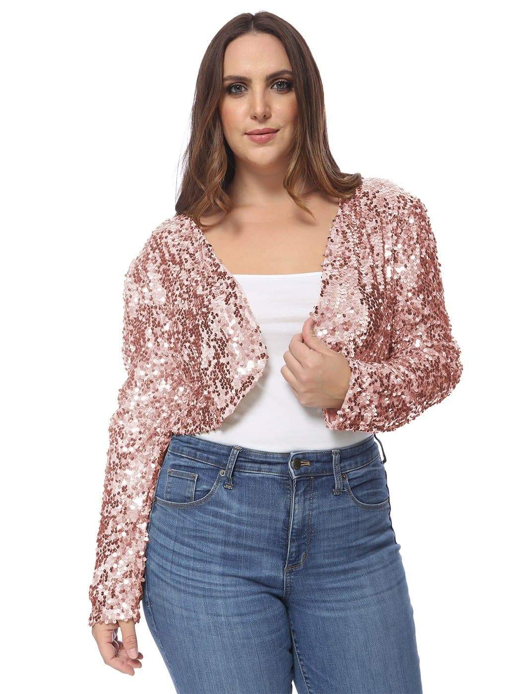 Anna-Kaci Plus Size Long Sleeve Sequin Bolero for Women By Anna-Kaci Large / Rose Gold