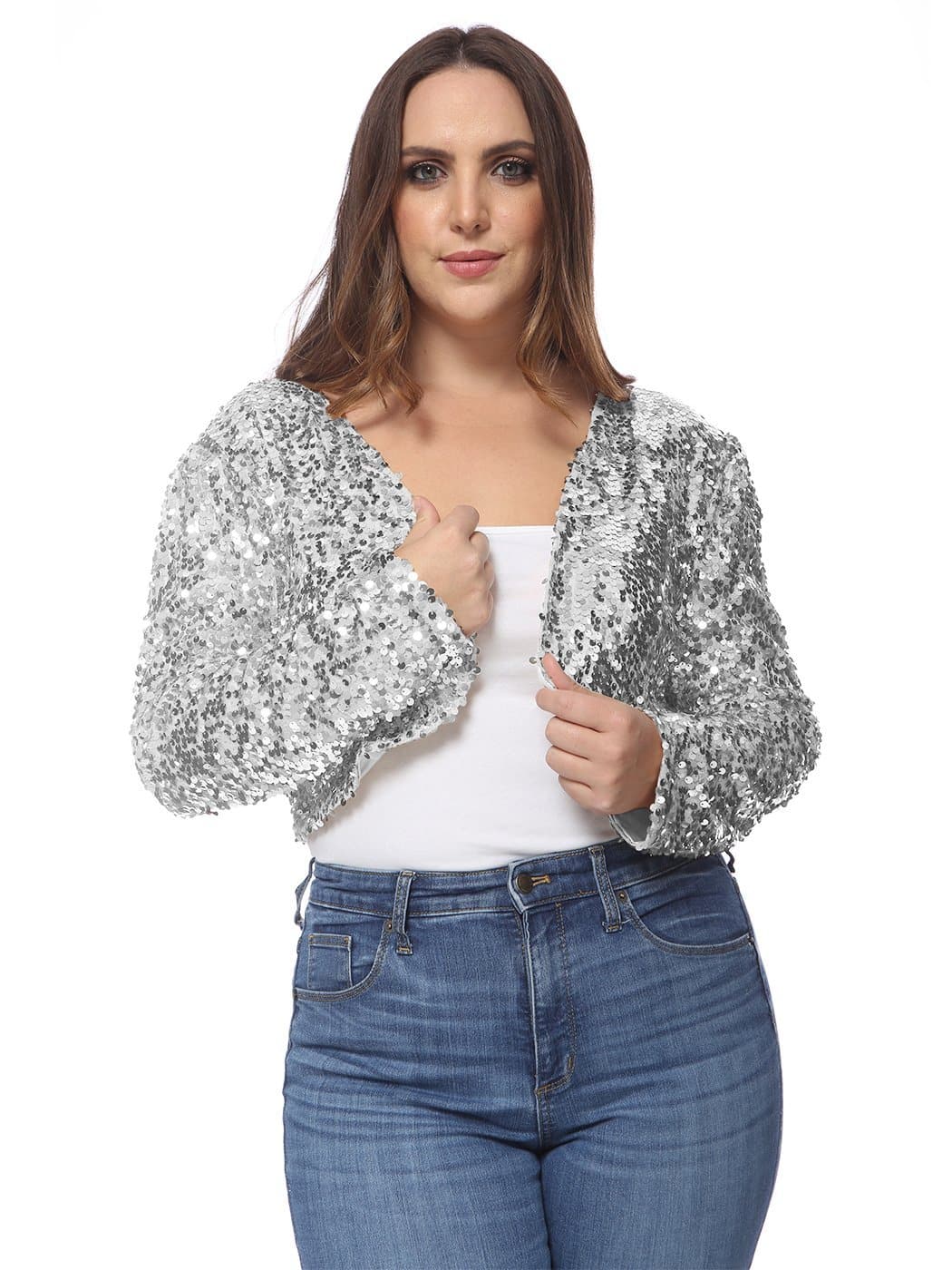 Anna-Kaci Plus Size Long Sleeve Sequin Bolero for Women By Anna-Kaci Large / Silver