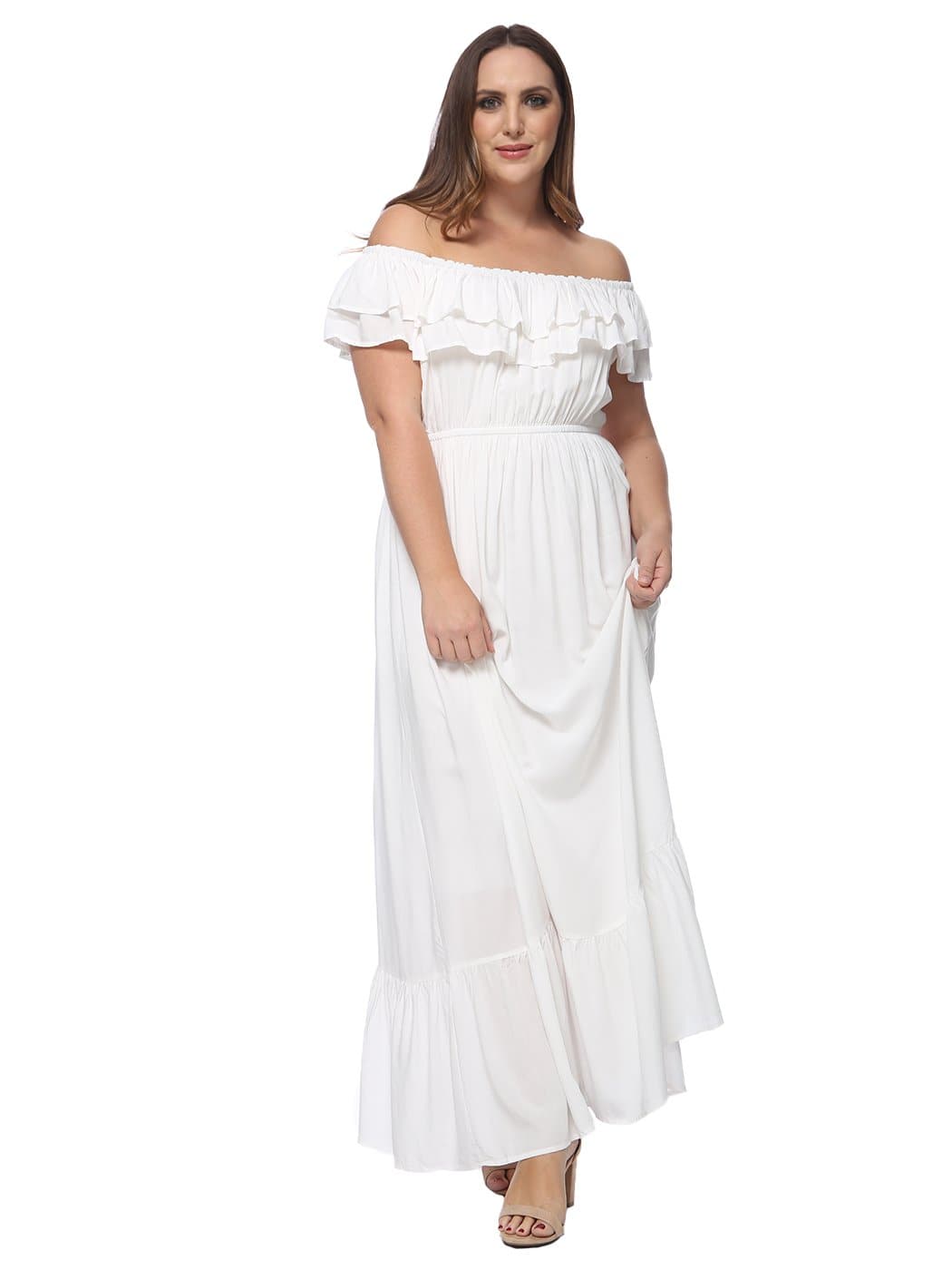Plus Size Off Shoulder Ruffle Empire Maxi Dress for Women | Anna-Kaci, XX-Large / Beige Plus Size Off Shoulder Ruffle Empire Maxi Dress for Women | Anna-Kaci, XX-Large / Beige