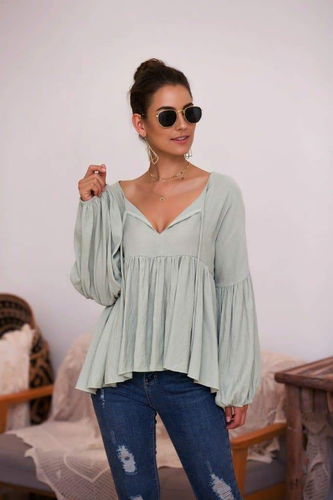 Anna-Kaci Puff Sleeve Pleated Hem Blouse | Anna-Kaci