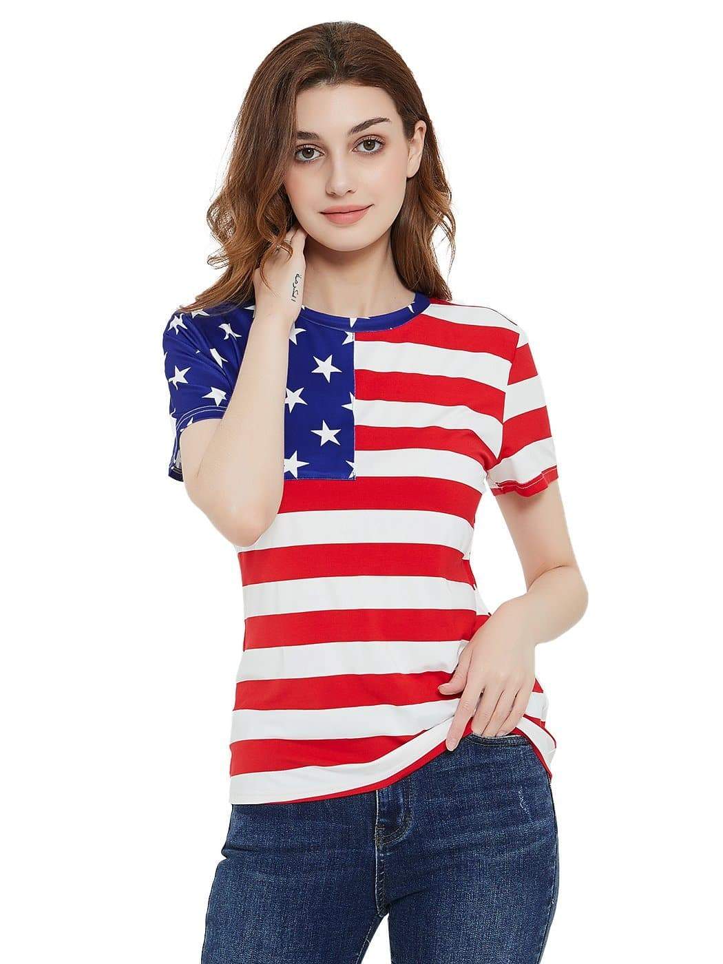 Anna-Kaci Women's Round Neck American USA Flag Top July of 4th Patriotic T-Shirt Blouse | Anna-Kaci