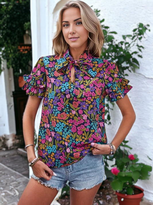 Floral Printed Tie Neck Ruffle Sleeve Blouse