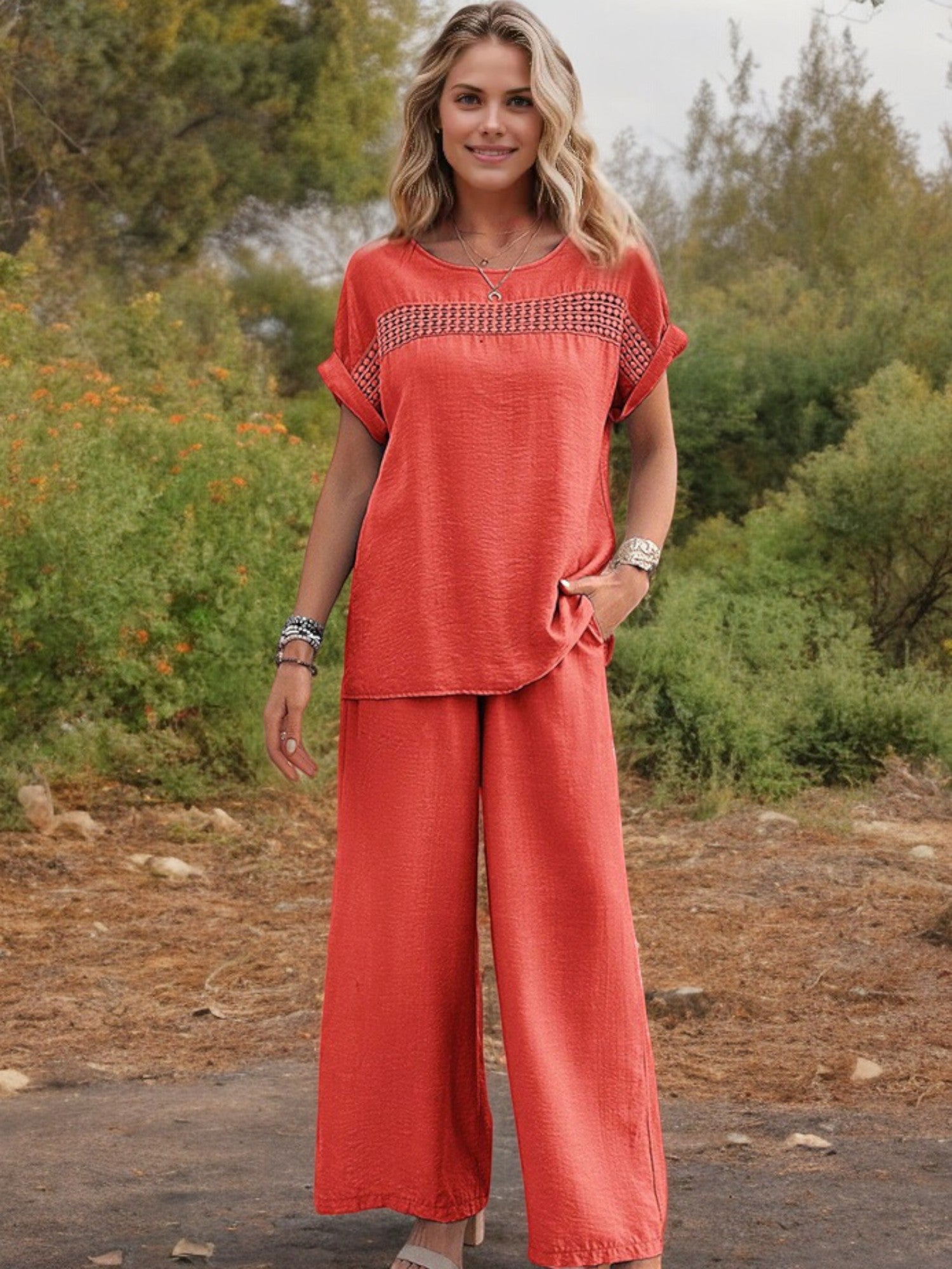 Anna-Kaci Women's Two-Piece Set with Embroidered Detail Top and Wide-Leg Pants