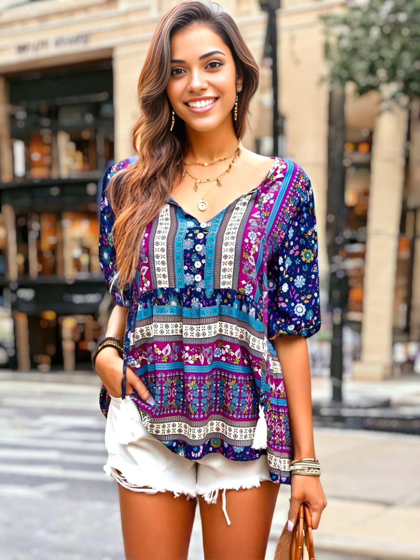 Tassel Tie Neck Puff Sleeve Top