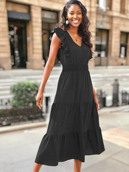 V Neck Ruffle Detail Tiered Dress