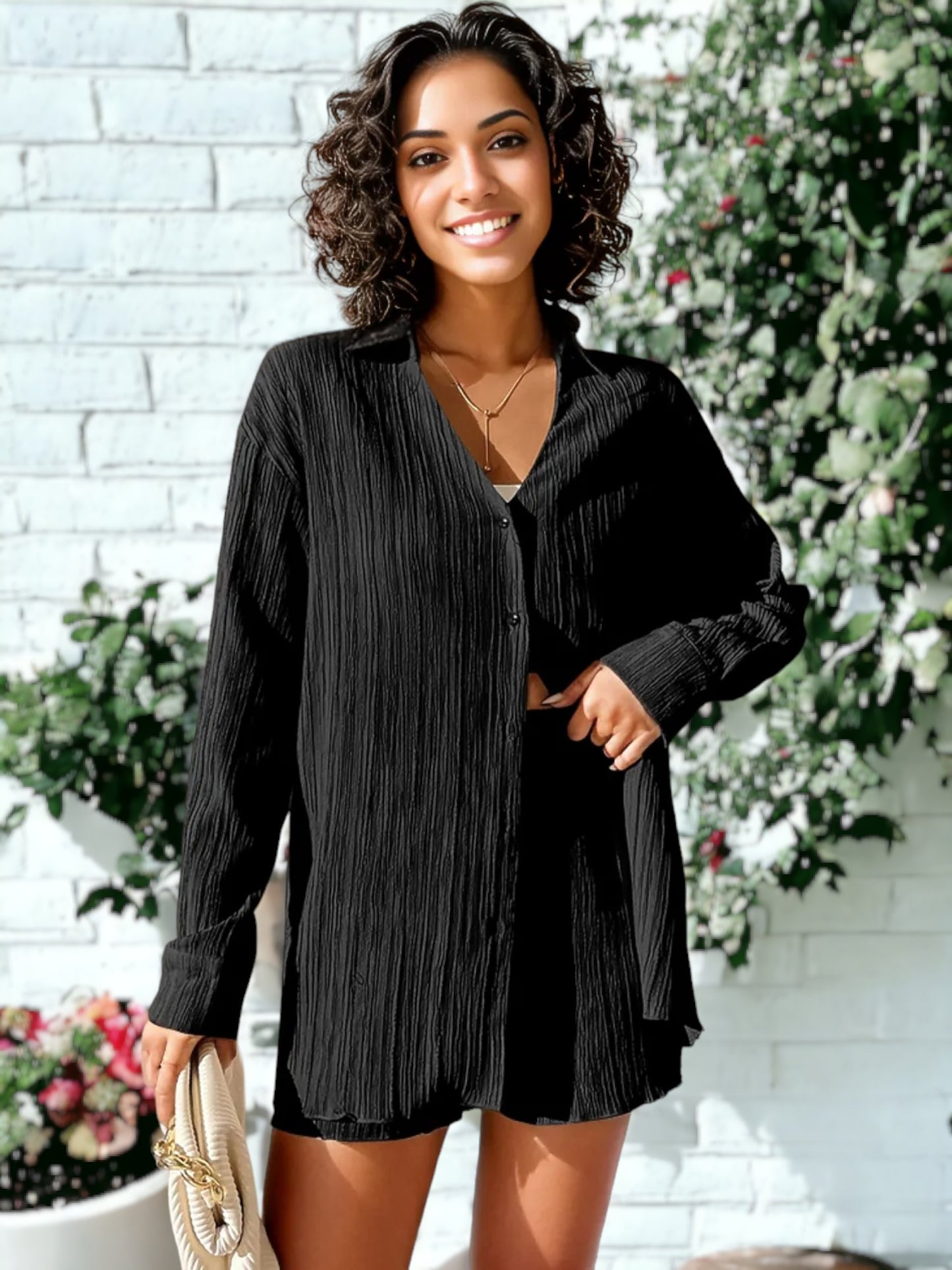 Casual Pleated Textured Women's 2 Piece Suit