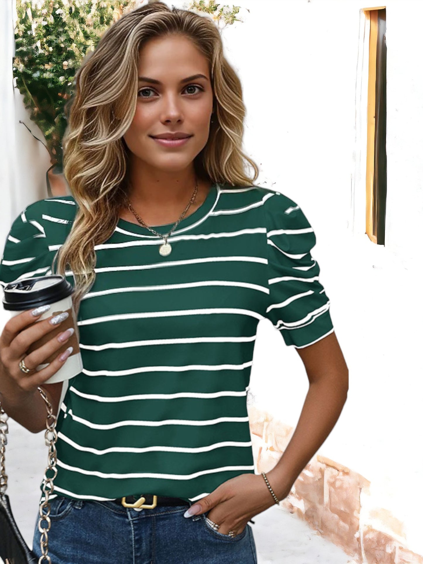 Casual Striped Print Round Necked Puff Sleeves T-Shirt